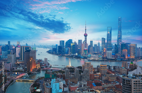 Aerial photography at Shanghai bund Skyline of dusk © Aania