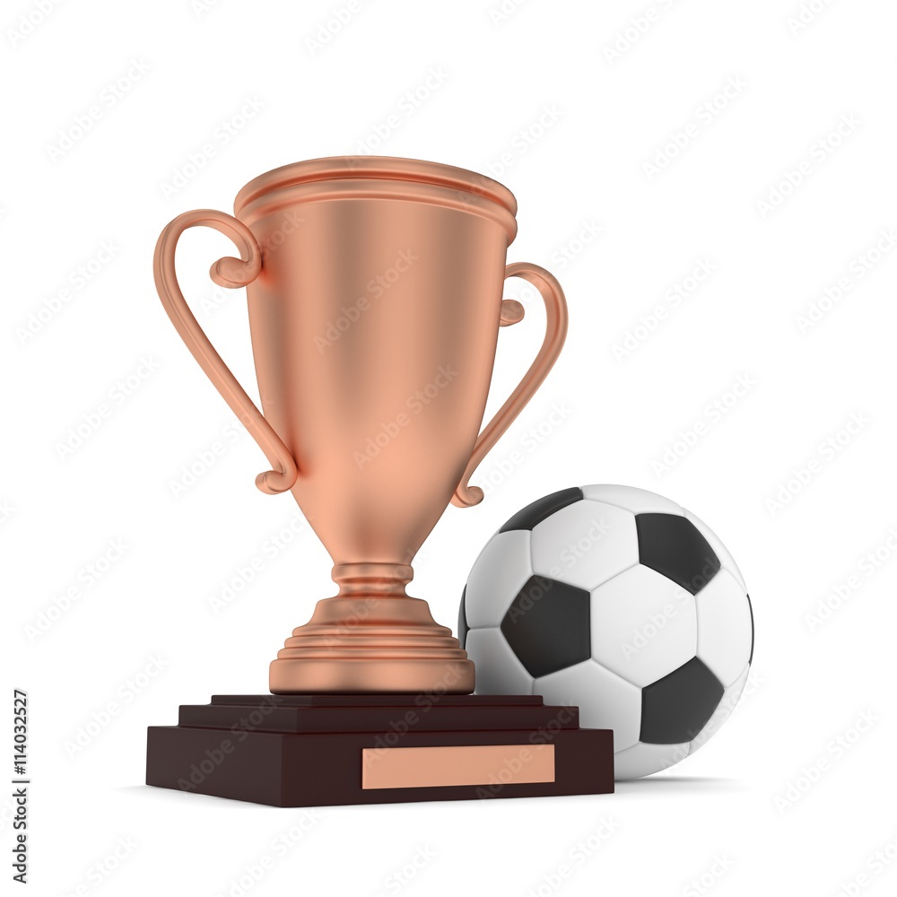 Isolated bronze cup with ball on white background. Soccer and football. Third place trophy. Game and competition. 3D rendering