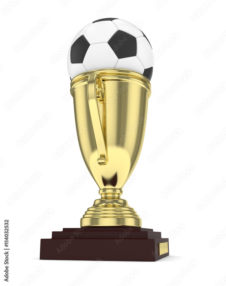 Golden cup and ball on white background. 3D rendering. Golden cup and ball on white background. 3D rendering.