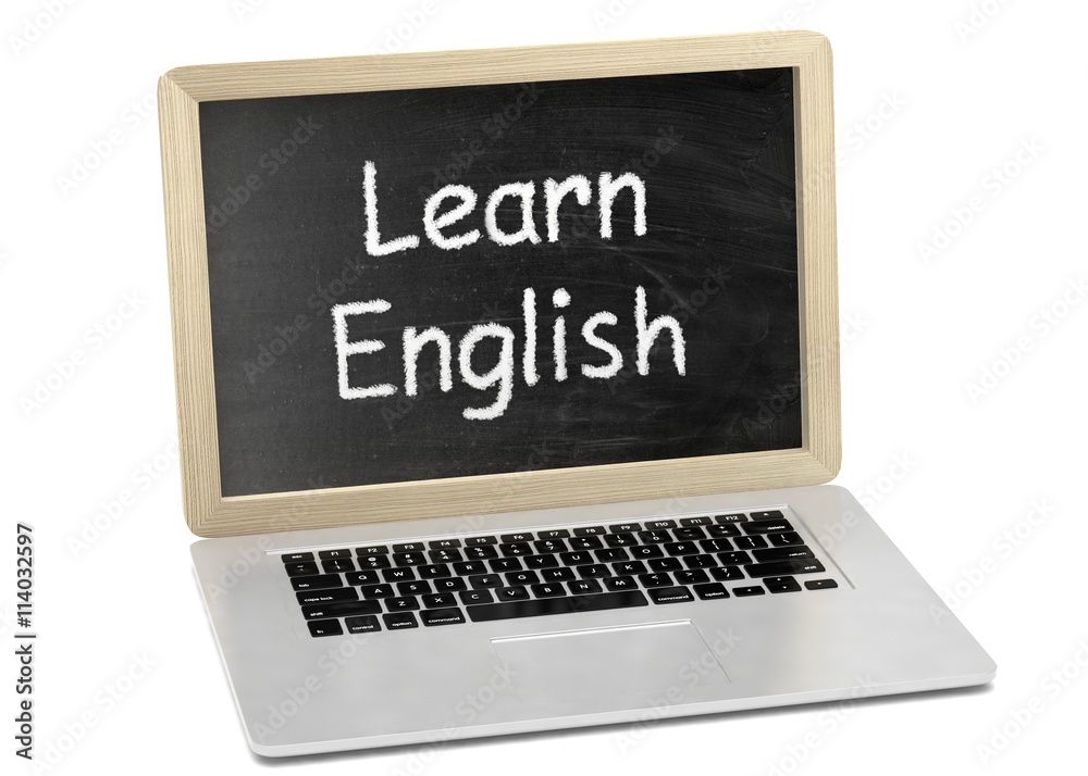 Laptop with chalkboard, learn english, online education concept. 3d rendering. Laptop with chalkboard, learn english, online education concept. 3d rendering.