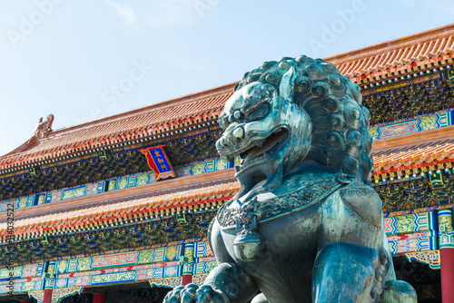 Bronze lion in front of the Hall of Supreme Harmony in Beijing Forbidden City