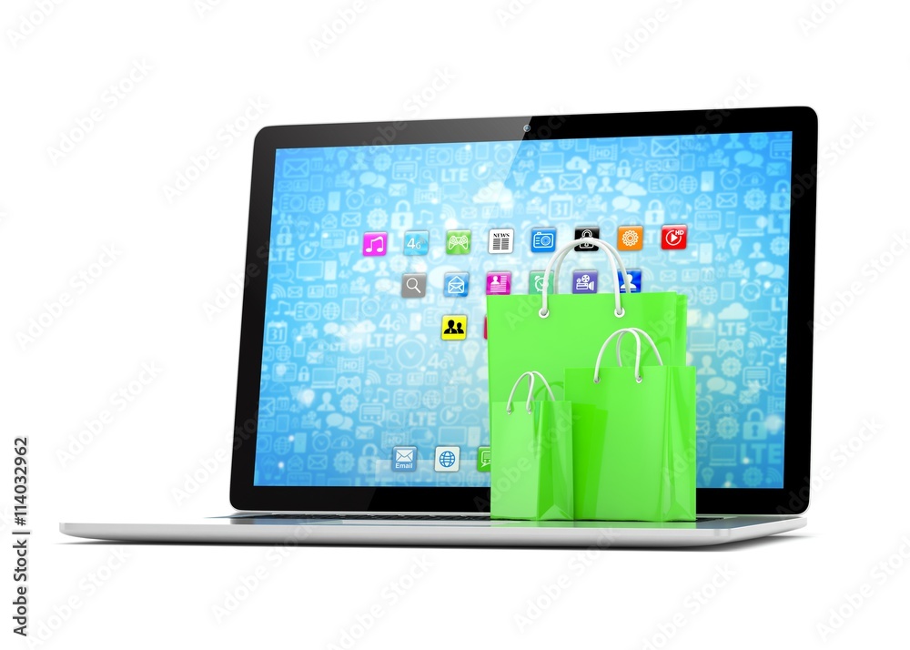 laptop and shopping pags on white background. 3d rendering. laptop and shopping pags on white background. 3d rendering.