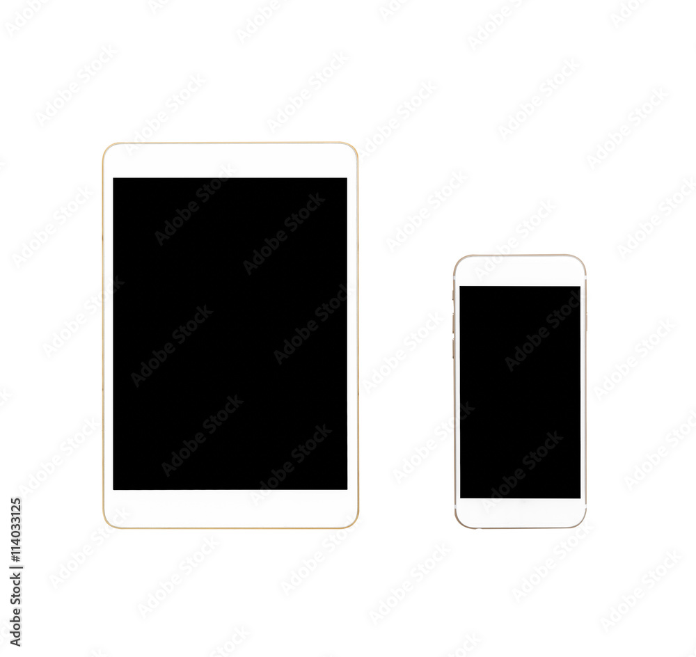 Close up of white Tablet Computer and smart phone isolated on white background 