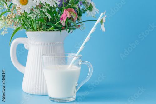 Glass of fresh milk with drinking straw