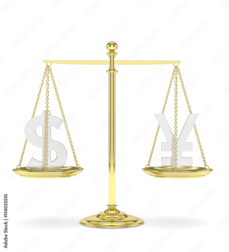 Isolated old fashioned pan scale with dollar and yuan,yen on white background. American and chinese and japanese currency. Currency equality. 3D rendering. Isolated old fashioned pan scale with dollar and yuan,yen on white background. American and chinese and japanese currency. Currency equality. 3D rendering.
