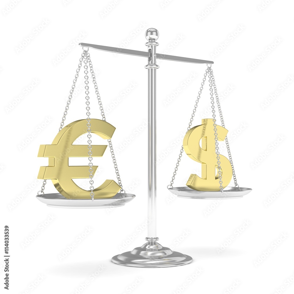 Isolated silver scales with golden dollar and euro currency. American and european finance. Measuring of market stability. 3D rendering. Isolated silver scales with golden dollar and euro currency. American and european finance. Measuring of market stability. 3D rendering.