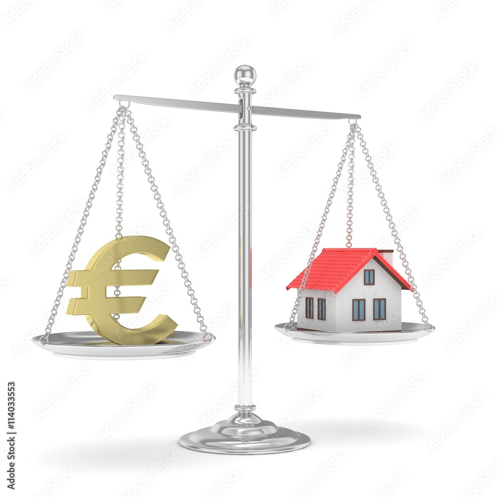 Isolated silver scales with golden euro and house on white background. Investment or savings concept. Real estate and currency. 3D rendering. Isolated silver scales with golden euro and house on white background. Investment or savings concept. Real estate and currency. 3D rendering.