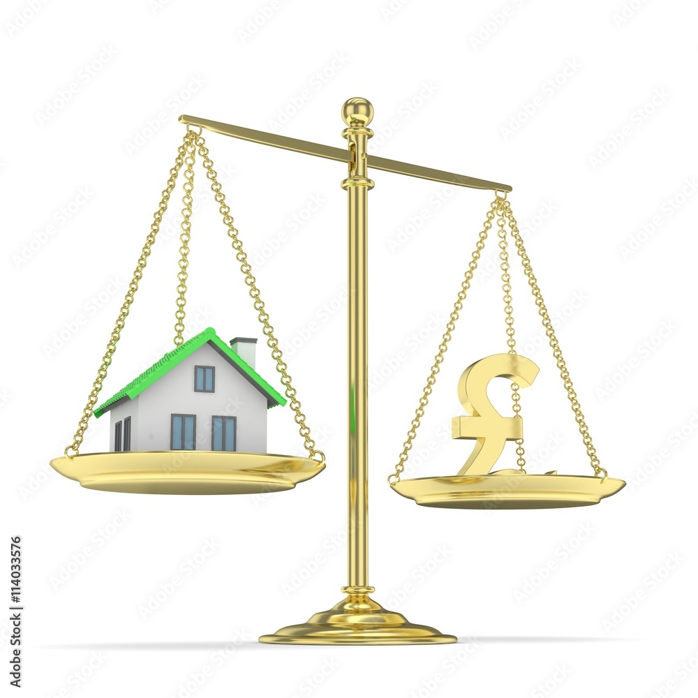 Isolated golden scales with golden pound and house on white background. Investment or savings concept. Real estate and currency. 3D rendering. Isolated golden scales with golden pound and house on white background. Investment or savings concept. Real estate and currency. 3D rendering.