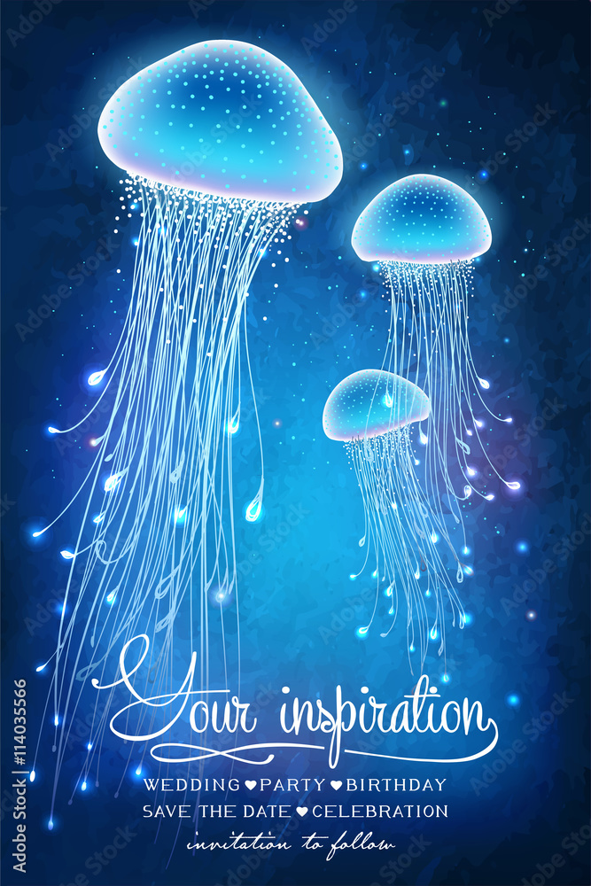 Obraz premium Magic glowing jellyfish underwater. Undersea world. Fairy tale illustration for inspiration