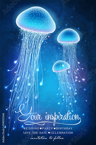 Magic glowing jellyfish underwater. Undersea world. Fairy tale illustration for inspiration