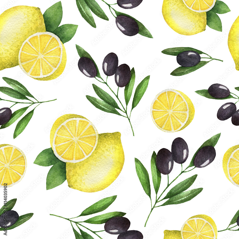 Watercolor seamless pattern of olives and lemon. Watercolor seamless pattern of olives and lemon.