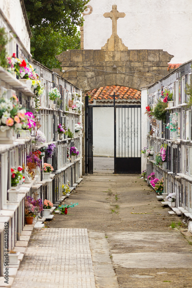 Fototapeta premium Niches with flowers in a cemetery