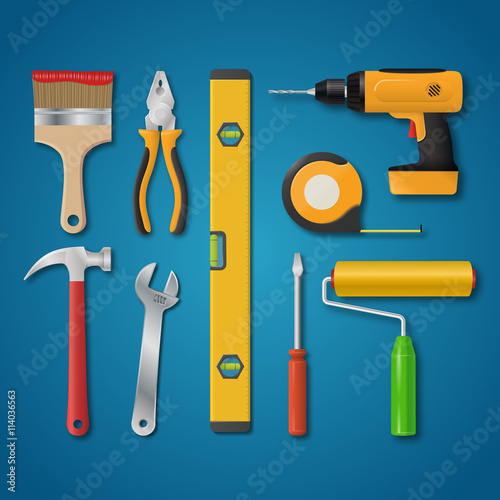Set of vector realistic tools isolated on a blue background. Electric drill, hammer, pliers, paint roller, screwdriver, spanner, paintbrush, meter, spirit level. Hand tools for home renovation