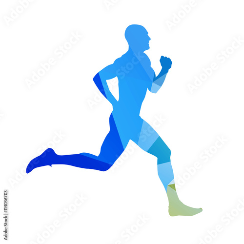 Abstract blue running man. Runner vector silhouette. Profile, si