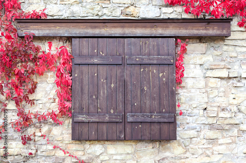 wooden shutters on stone wall background with autumn leaves photo