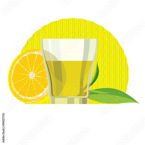 Green tea leaves, cup, glass, lemon, flat illustration, set