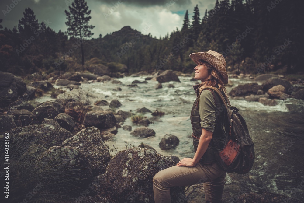 Naklejka premium Beautiful woman hiker enjoying amazing landscapes near wild mountain river.