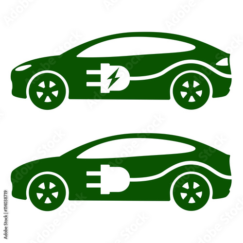 Electric car, ev icon Vector Illustration. Side view of electric car, cable and plug.