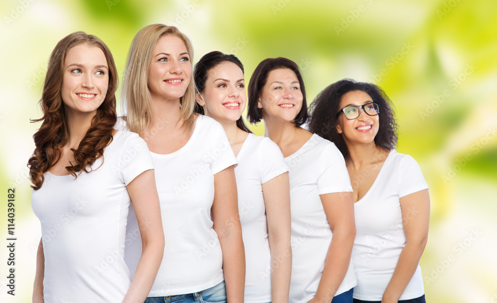 group of happy different women in white t-shirts group of happy different women in white t-shirts