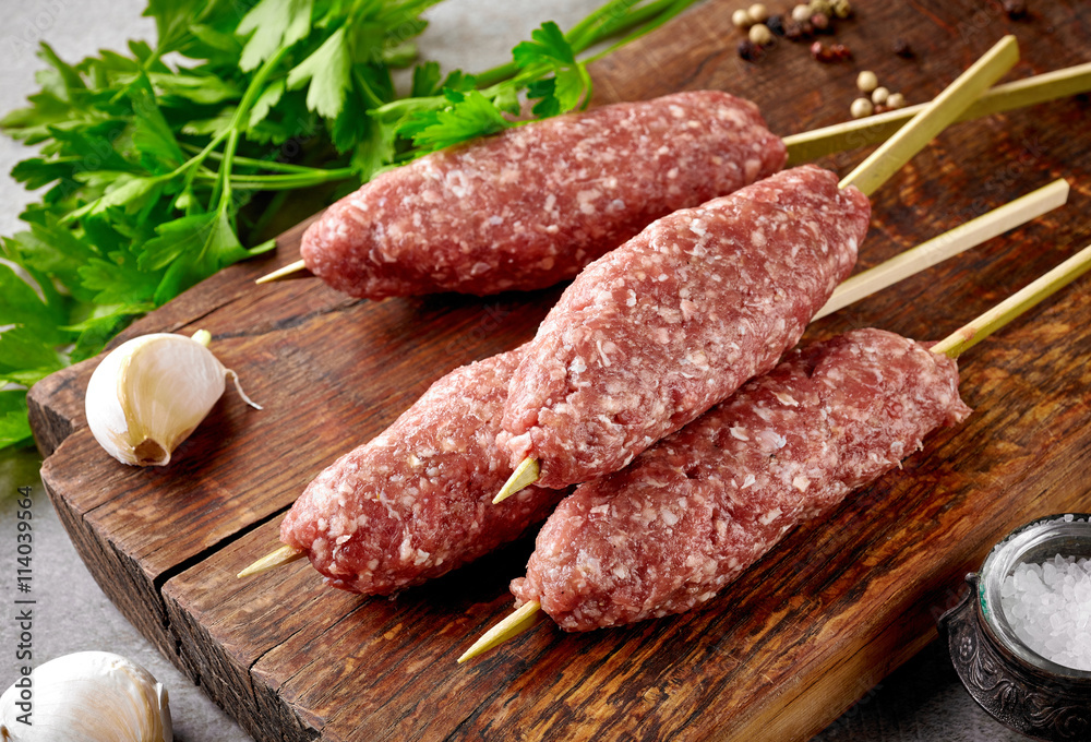 fresh raw minced meat skewers kebabs