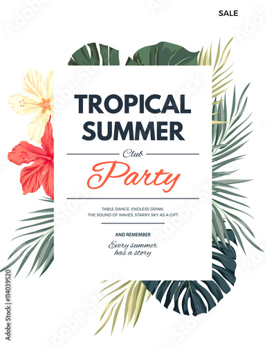 Bright hawaiian design with tropical plants and hibiscus flowers