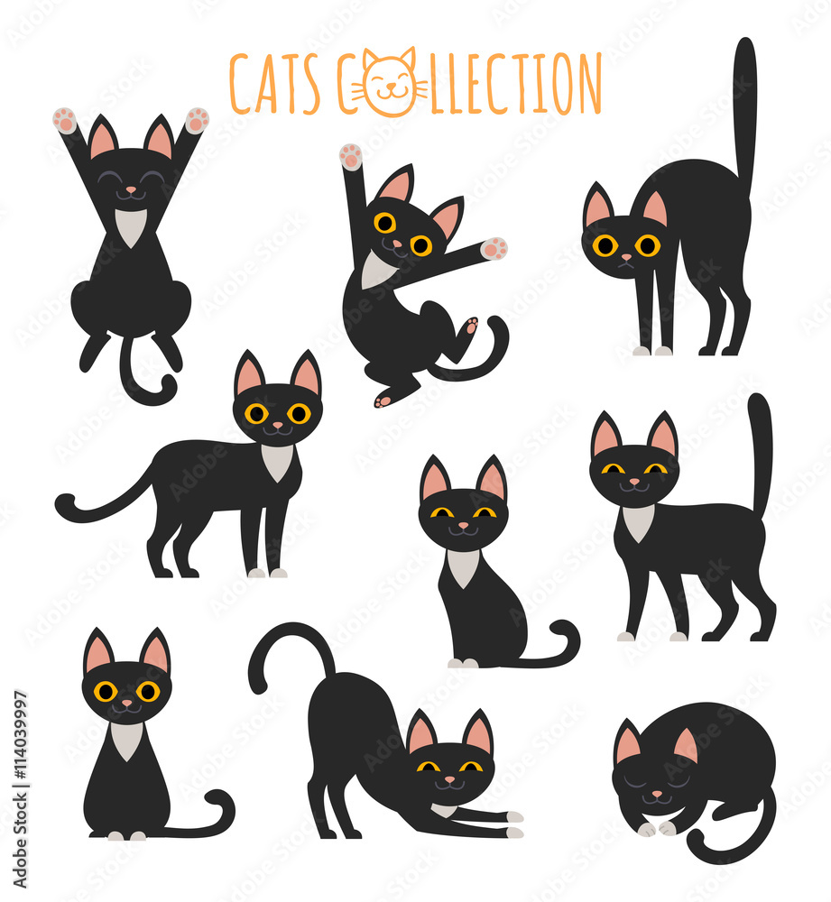 Set of vector images of cute black cat in various poses. 