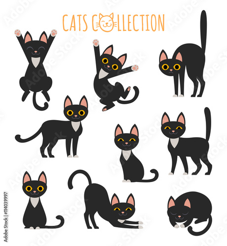 Set of vector images of cute black cat in various poses. 