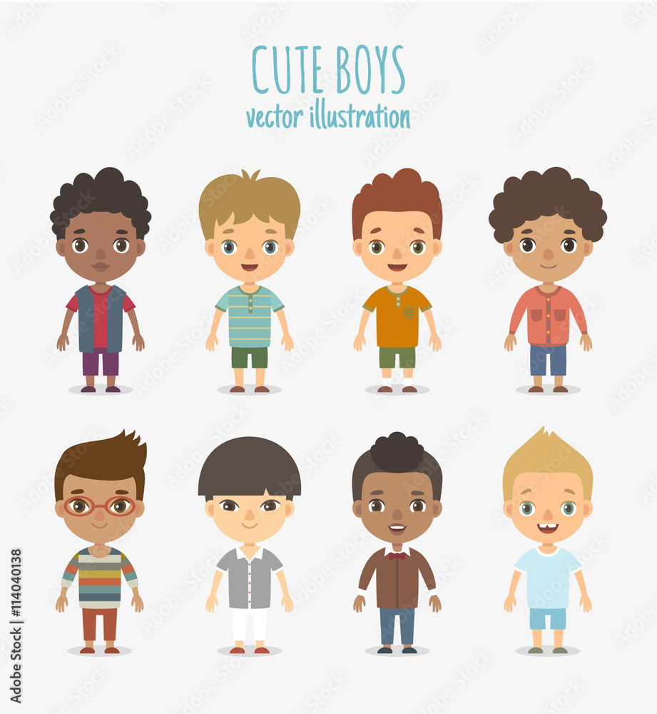 Set of vector cute boys isolated on white background. 