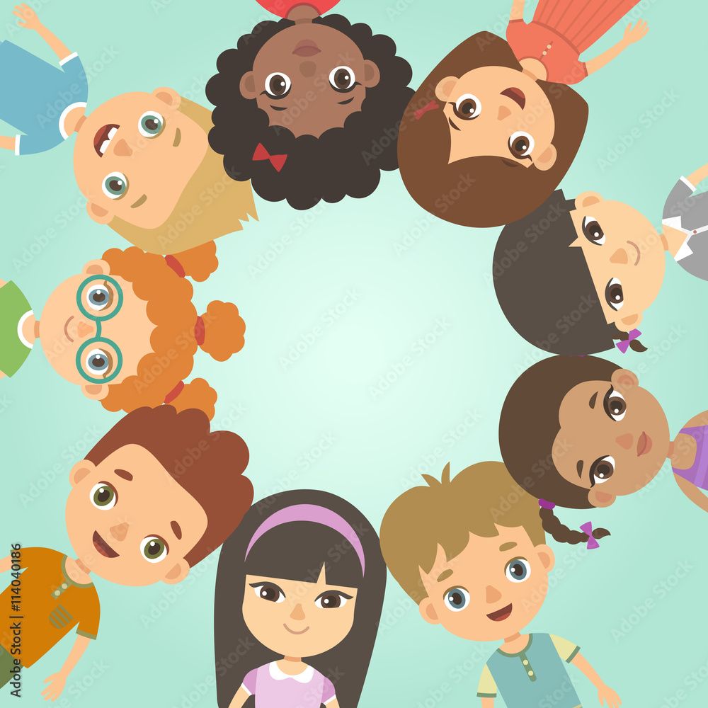 International Day of friends background. International friendship day. Multicultural kids in the circle.