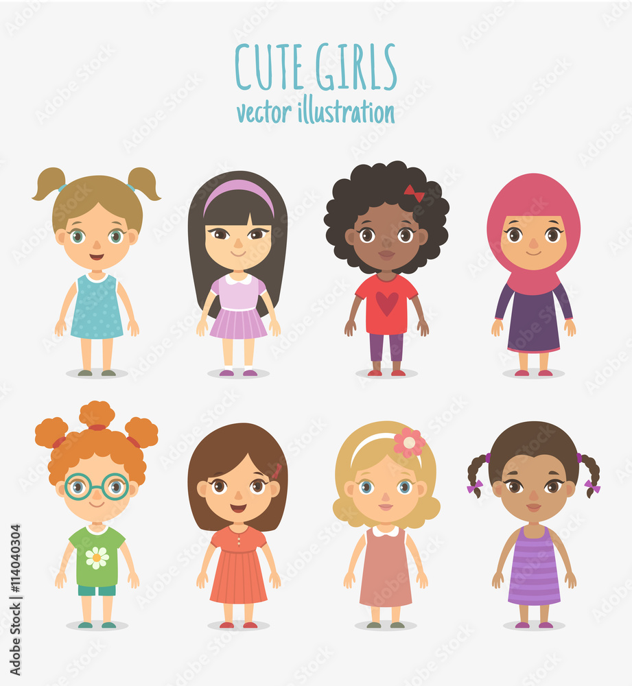 Set of vector cute girls isolated on white background. Set of vector cute girls isolated on white background.