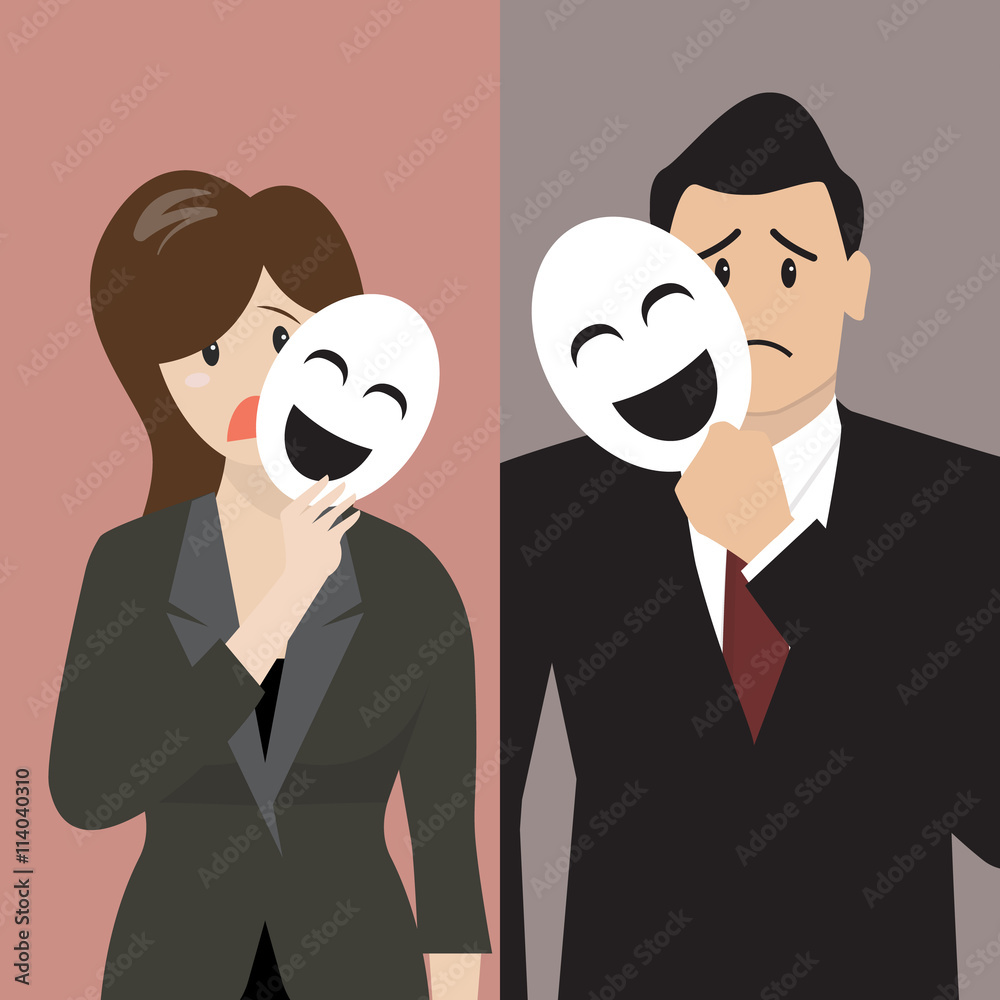 Fake business woman holding a smile mask Stock Vector | Adobe Stock