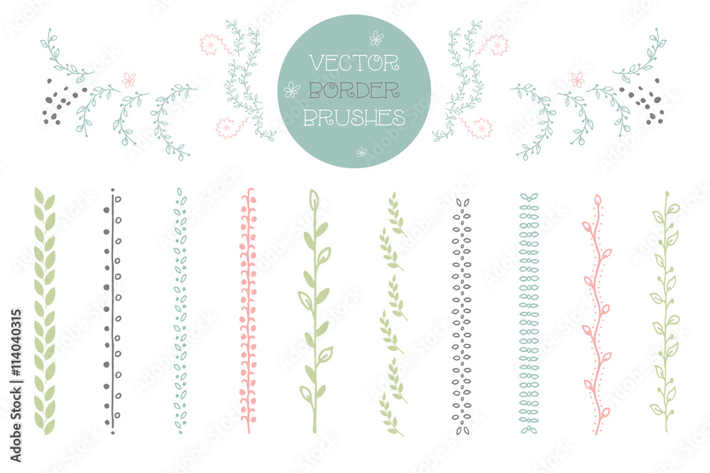 Set of 10 vector Brushes includes hand drawn floral decorative seamless brushes. Geometric border brushes with outer and inner corner tiles. Vector illustration.