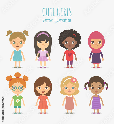 Set of vector cute girls isolated on white background.