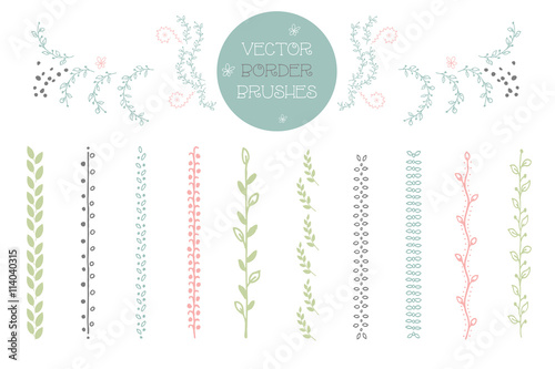 Set of 10 vector Brushes includes hand drawn floral decorative seamless brushes. Geometric border brushes with outer and inner corner tiles. Vector illustration.