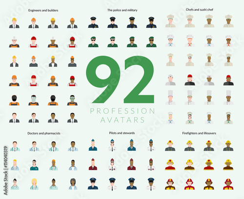 Set of 92 flat profession avatars. Engineers and builders, firefighters and lifesavers, police and military, pilots and stewards, chefs and sushi chef, doctors and pharmacists. Vector illustration.