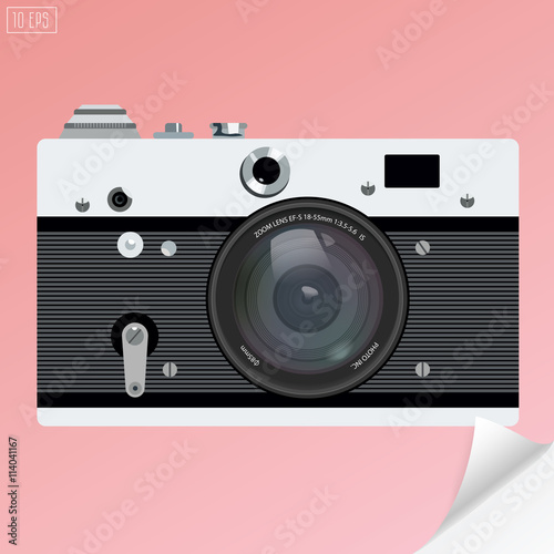 Old photo camera vector for logotype or icon with realistic lens