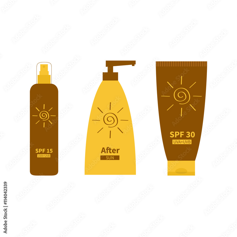 Tube Of Sunscreen Suntan Oil Cream After Sun Lotion Bottle Set Dispenser Solar Defence Spiral Sun Sign Symbol Icon Spf 15 30 Sun Protection Factor Uva Uvb Sunscreen White Background Flat Stock