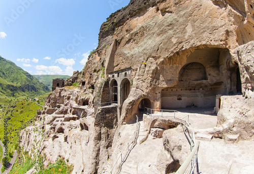 Vardzia is a cave monastery site excavated from Erusheti Mountain on the left bank of the Mtkvari River, near Akhaltsikhe, Georgia.