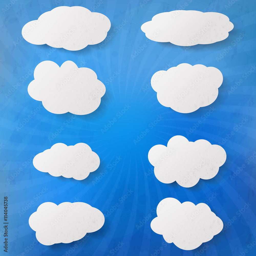 Collection clouds. Set of clouds. Elements cloud design. Set of cloud-shaped paper banners. Clouds of white paper. Abstract clouds. Drawing paper clouds. Illustration clouds. Vector illustration.
