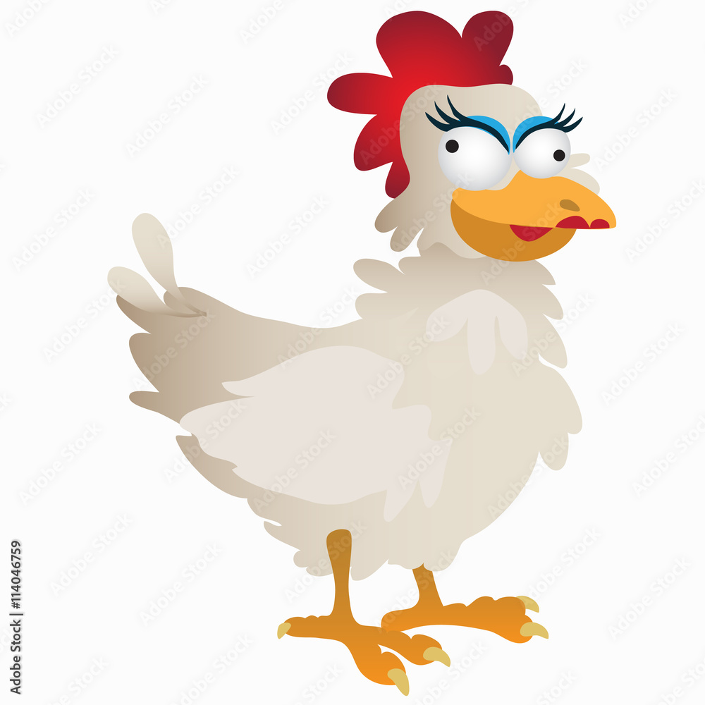 Funny fancy white rooster, cartoon character