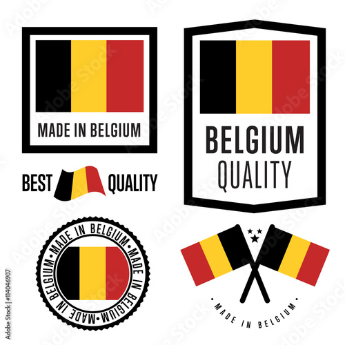 Made in Belgium label set. Vector Belgium flag. Symbol of quality. Manufacturing by Belgium. Tags and sticker collection. Vintage and modern stamp.