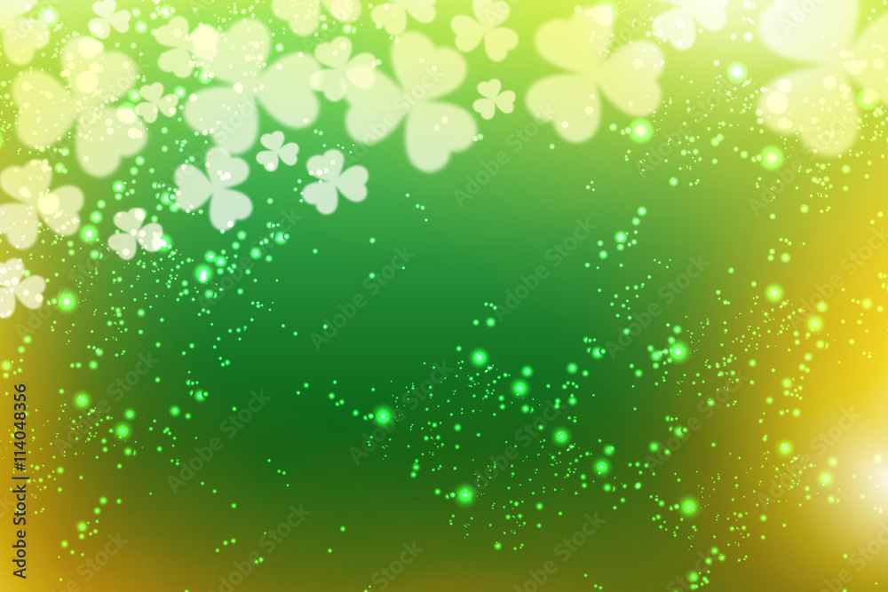 Clovers flying at the viewer on a green background 