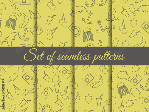 Seamless summer pattern. Summer seamless background. Summer pattern with fruit and summer objects.