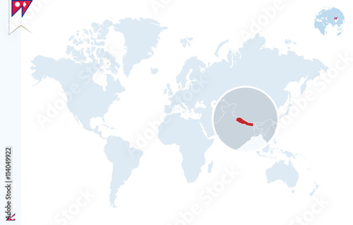 Blue world map with magnifying on Nepal.