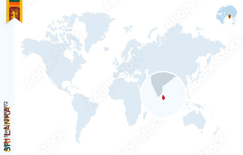 Blue world map with magnifying on Sri Lanka.