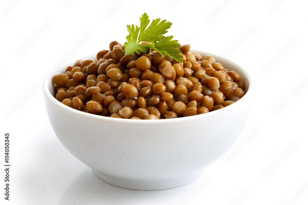 White ceramic bowl of brown cooked lentils with parsley isolated White ceramic bowl of brown cooked lentils with parsley isolated