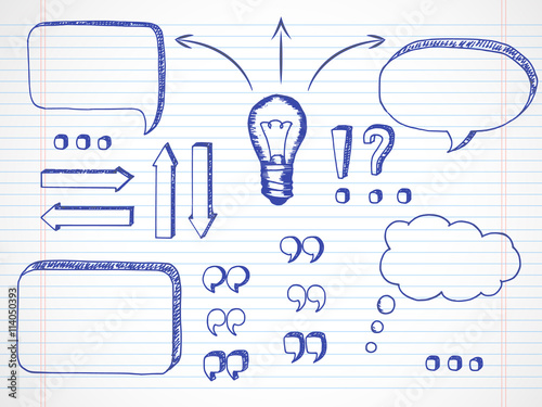 Hand drawn vector arrows , speech bubble, quotes collection isolated on lined paper. Doodle style  decorative elemements for web design or infographic.