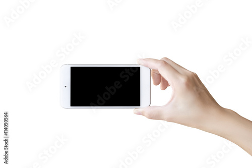 Hand with mobile smart phone Isolated on white background