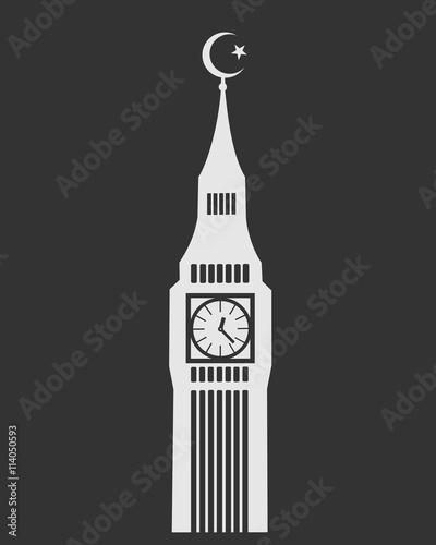 Big Ben with crescent symbol on the top. Metaphor of Islam as predominant religion and culture in United Kingdom. Believers of islam, Muslims, as majority in British society 