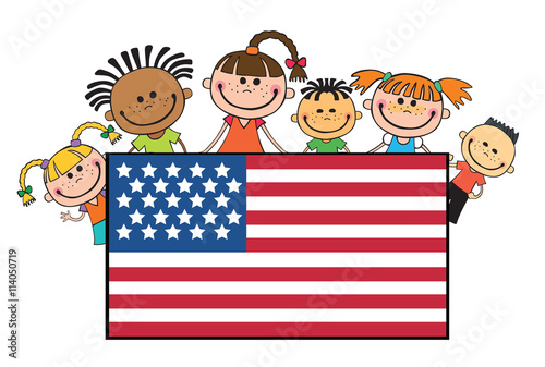 children on American flags banner independence day vector